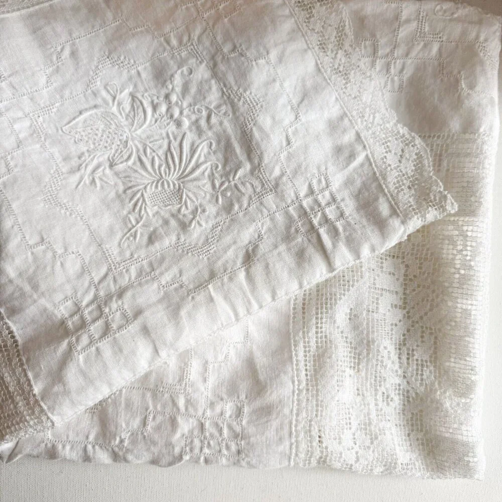 Vintage White Cotton Crochet Lace Embroidered Squares Table Covering Cloth
